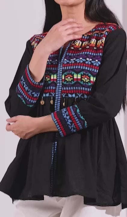 Black Jacquard Weave Peplum Top for Women Round V Neck